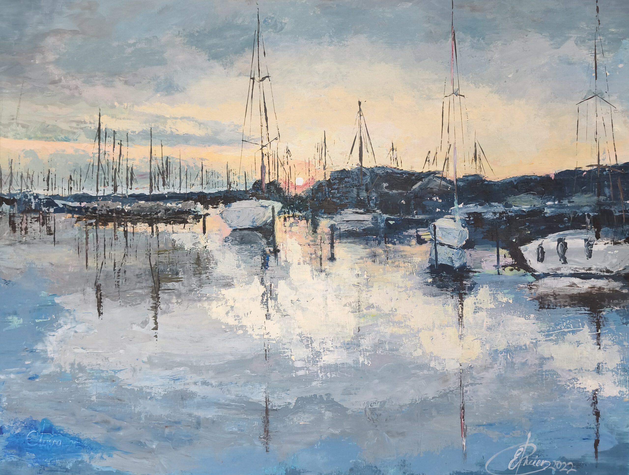 Im-letzten-hauch-der-blauen stunde-lelystad-hafen-segelboote-original-handgemalt-leinwand-abstract-acrylic-painting-marina-sailboats-canvas