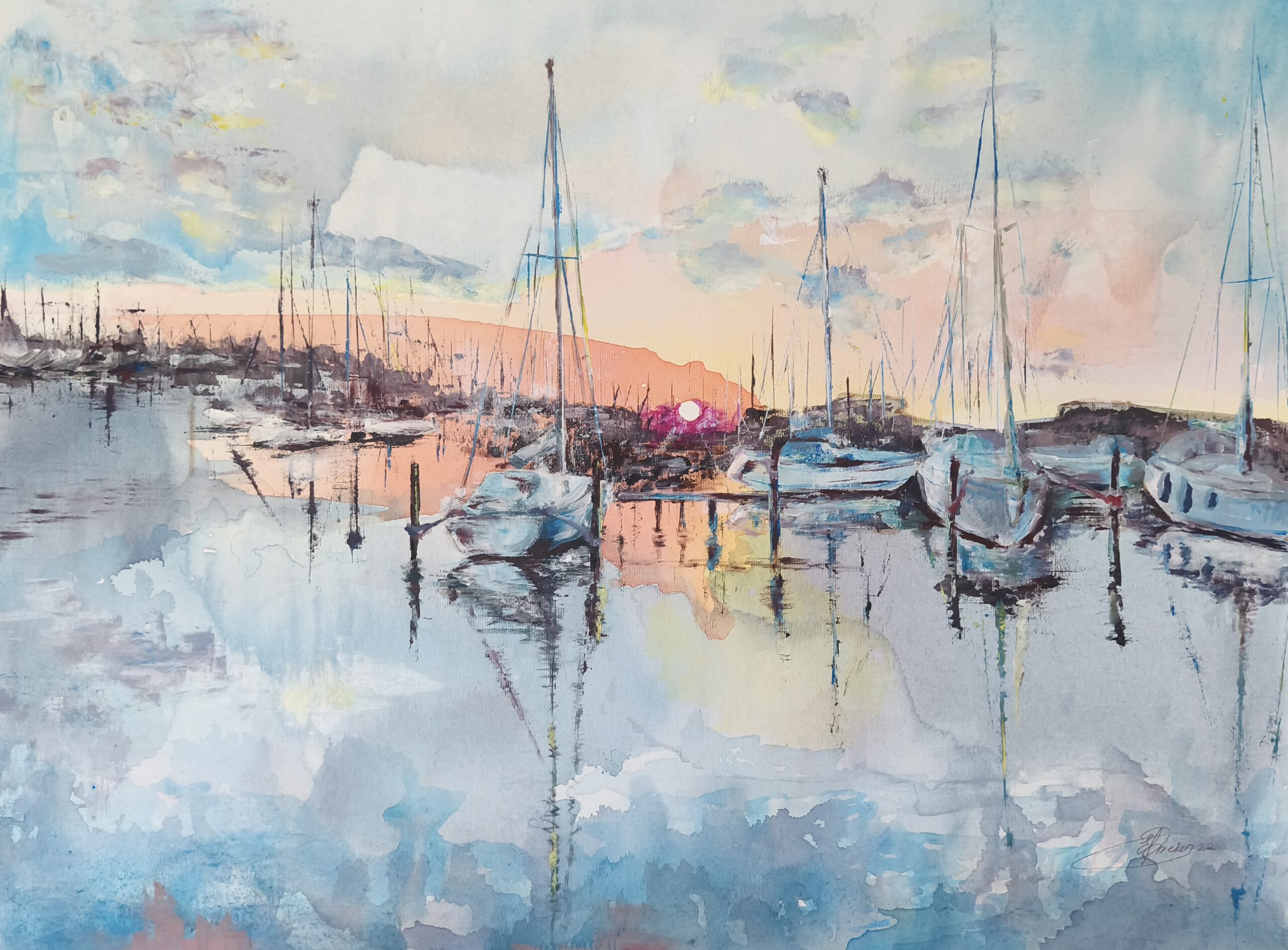 augenblick-des-erwachen-lelystad-hafen-segelboote-original-handgemalt-leinwand-abstract-acrylic-painting-marina-sailboats-canvas
