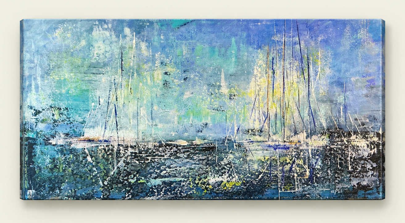 lelystad-haven-segelboote-blau-tuerkis-gelb-original-handgemalt-leinwand-50x100x4cm-abstract-acrylic-painting-marina-sailboats-blue-turquoise-yellow-canvas-19.7x39.4x1.6-in