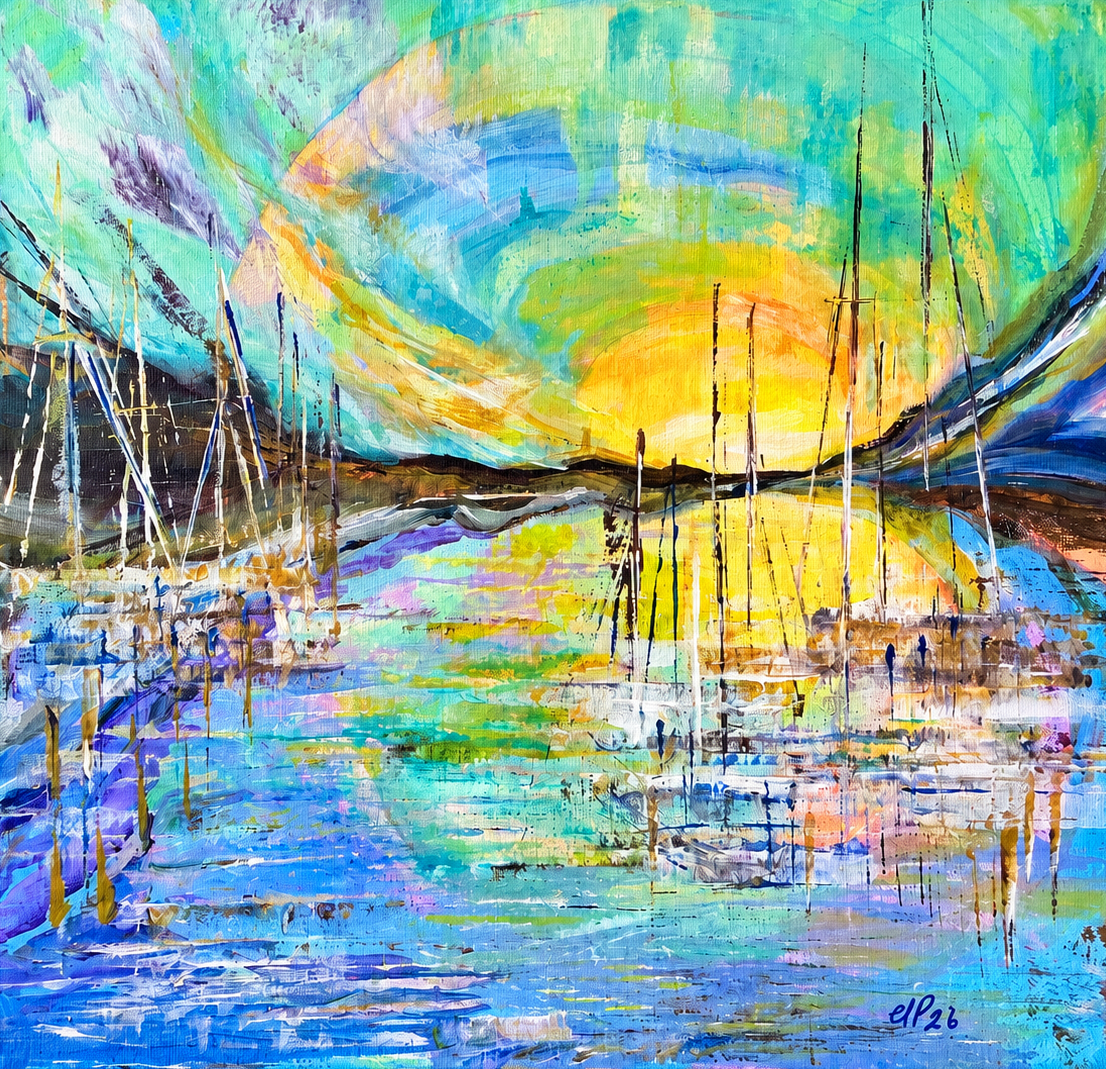 sonnenaufgang-hafen-lelystad-abstraktes-acrylgemaelde-abstract-acrylic-painting-38x38x4cm-sunrise-lelystad-harbour-acrylic-painting-3