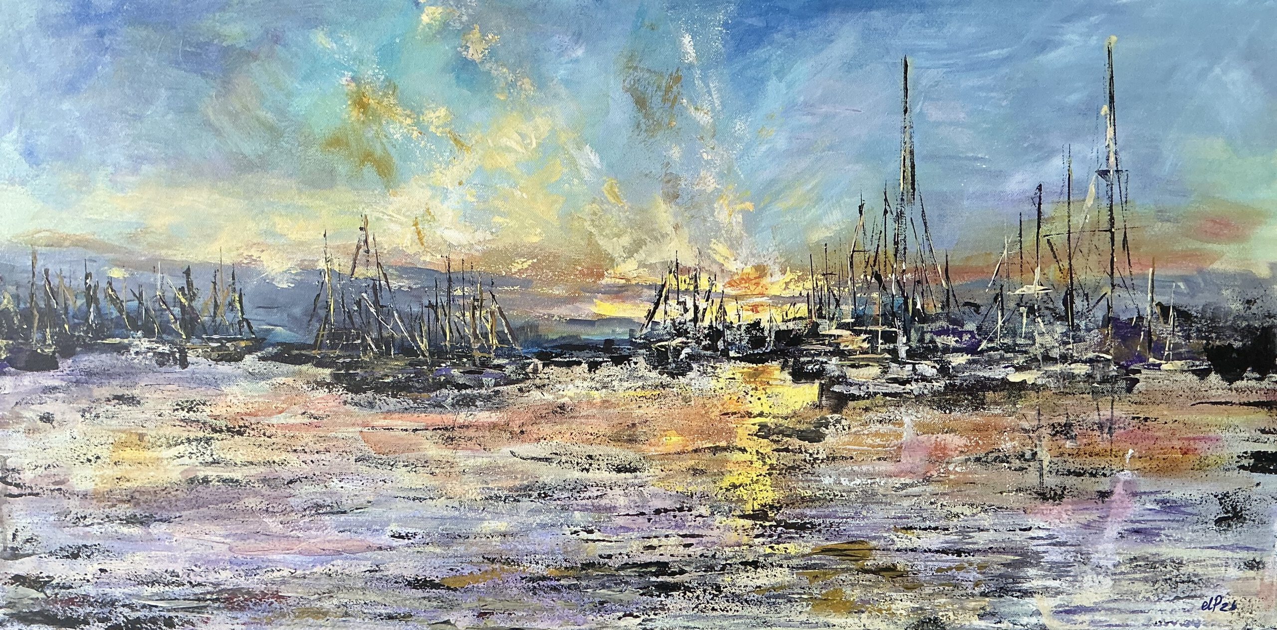 sonnenaufgang-hafen-lelystad-acrylgemaelde-meer-segelboote-original-handgemalt-leinwand-50x100x4cm-sunrise-harbor-acrylic-painting-sailboats-original-canvas-19.7x39.4x1.6in-3l